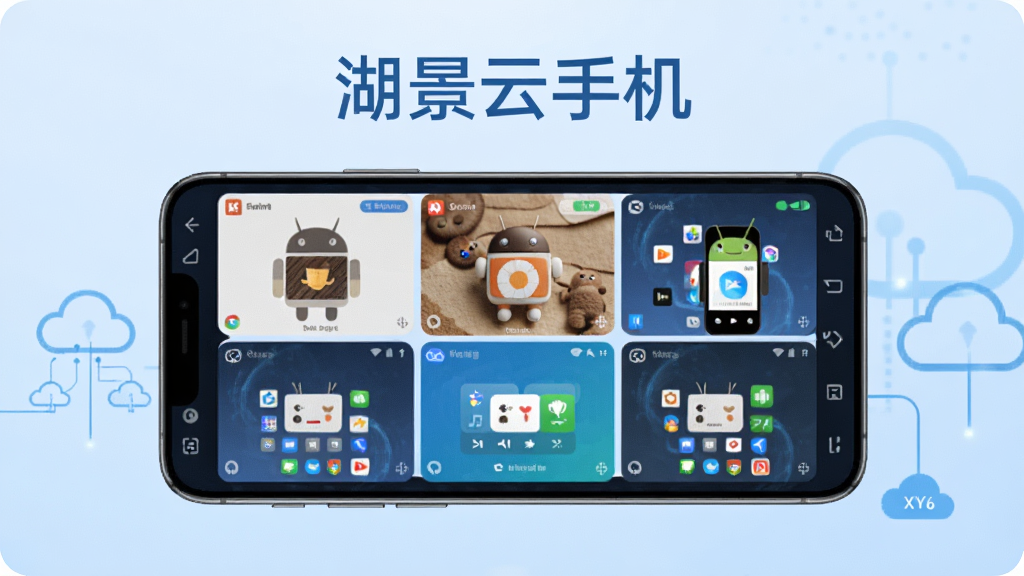 画面中央展示一部智能手机,屏幕内部分割成多个云手机窗口,每个窗口运行不同安卓应用,背景为淡蓝色科技感渐变,上方悬浮“湖景云手机”文字,整体风格简洁清爽,细节包括云端数据线条、虚拟按键图标,画质高清,干净,无多余元素