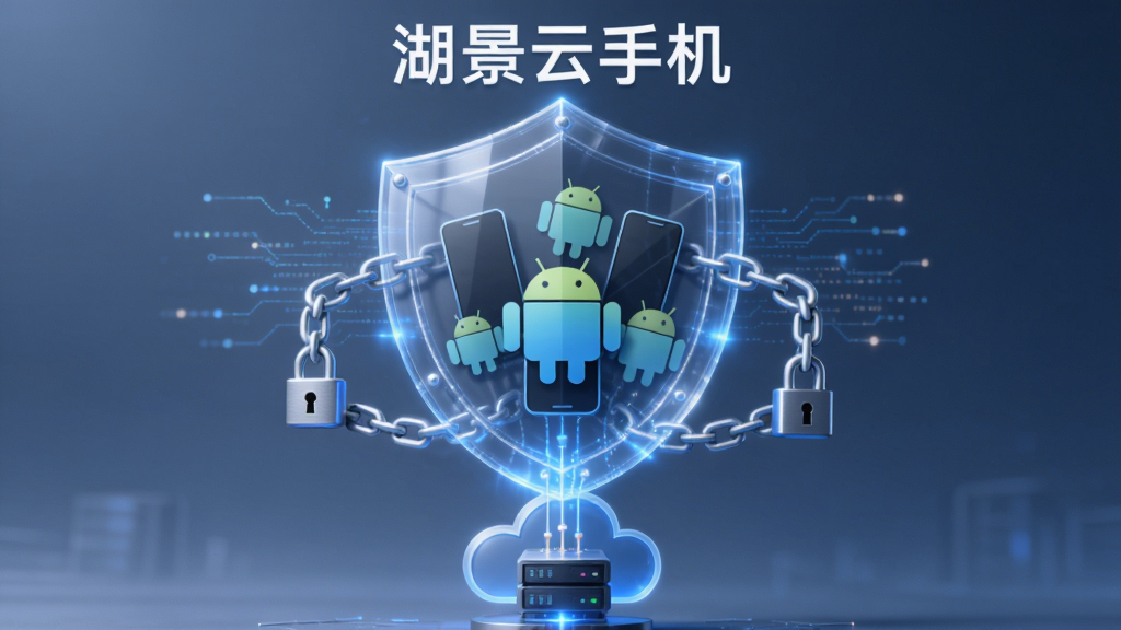 画面中心是一个透明发光的盾牌,盾牌内部包裹着多个安卓手机图标,盾牌下方连接云端存储服务器,盾牌上方标注“湖景云手机”文字,整体风格安全稳重,细节包括加密锁链、数据纹路,画质高清,干净,无多余元素