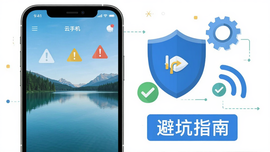 画面展示一部手机屏幕显示湖景云手机客户端界面,旁边漂浮着盾牌、齿轮、网络信号图标,下方有“避坑指南”文字标签,整体风格为扁平化信息图,细节包括警告三角、对勾标记,画质高清,干净,无多余元素
