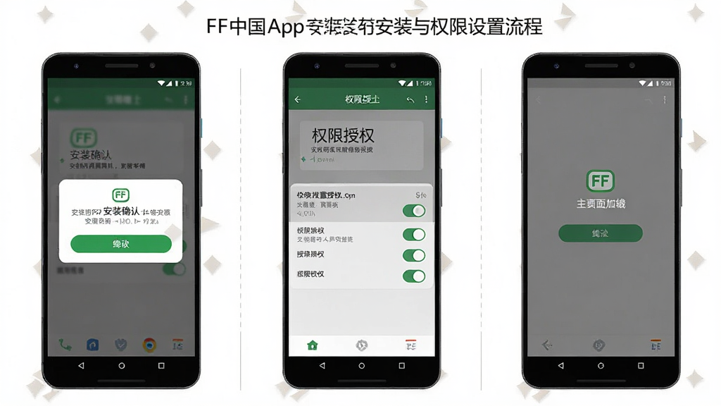 一张展示FF中国App在安卓手机上安装与权限设置流程的示意图,主体为手机屏幕依次显示安装确认弹窗、权限授权页面和主界面加载完成画面,布局采用从左到右三屏并列排版,风格为简洁教程风,细节上体现绿色确认按钮和权限开关图标,画质高清干净,无多余元素