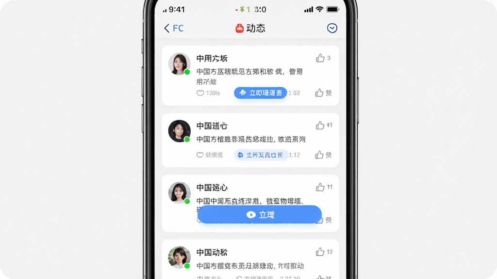 一张展示FF中国App社区互动界面的生图,主体为手机屏幕中显示用户动态信息流,包含用户头像、文字评论和点赞图标,布局采用卡片式纵向排列,风格为简洁社交风,细节上体现蓝色互动按钮和圆形头像,画质高清干净,无多余元素