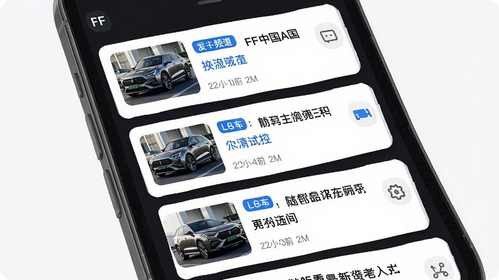一张展示FF中国App资讯频道界面的生图,主体为手机屏幕特写,屏幕中呈现多条汽车新闻卡片,每张卡片包含缩略图、标题和发布时间,布局采用纵向列表排版,风格为深色科技风,细节上体现蓝色高亮标签和简洁图标,画质高清干净,无多余元素