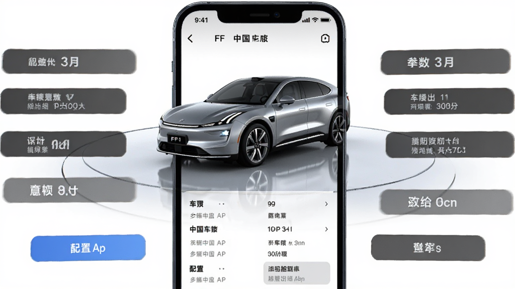 一张展示FF中国App车型展示页面的生图,主体为手机屏幕中显示一辆银色FF 91汽车的三维渲染图,周围环绕车辆参数标签和配置选项按钮,布局采用上下结构,上方为车辆图像,下方为参数列表,风格为高端科技感,细节上体现光影反射和金属质感,画质高清干净,无多余元素