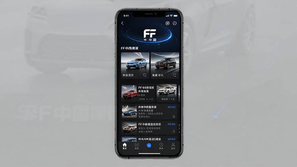 一张展示FF中国App主界面的手机屏幕渲染图,主体为一部竖直放置的智能手机,屏幕内显示FF中国应用首页,包含品牌Logo、车型卡片、资讯列表和底部导航栏,布局清晰居中,排版采用现代科技感UI风格,细节上体现深色背景与蓝色光效点缀,画质高清干净,无多余元素