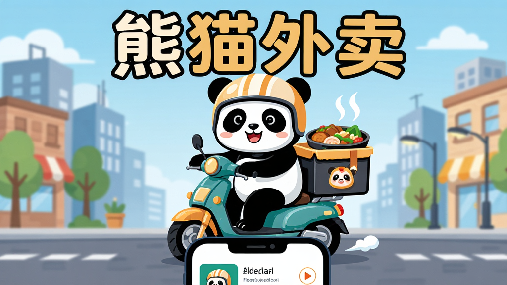 主体为一只卡通熊猫骑手骑着电动车配送中餐外卖,布局采用居中构图,上方用中文大标题写