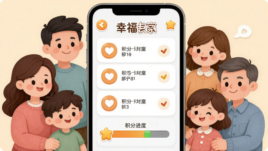 幸福一家亲家庭互动任务界面,画面展示手机屏幕上的任务列表和积分进度条,周围环绕家庭成员卡通形象,布局清晰,排版简洁,风格温馨可爱,细节丰富,画质干净