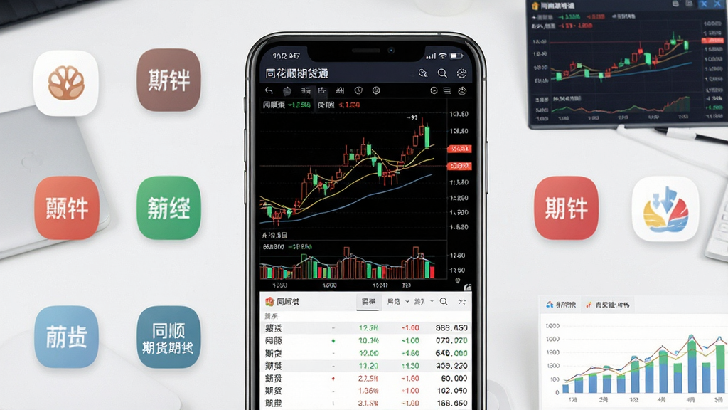 一张展示同花顺期货通软件界面的图片,主体为智能手机屏幕显示期货K线图与行情列表,背景为简洁的金融办公桌面,布局上手机居中放置,周围环绕期货品种图标与数据图表,排版清晰有序,风格为现代科技金融风,细节包括红绿涨跌数字、均线指标、成交明细,画质高清干净无多余元素,画面中可见文字“同花顺期货通”