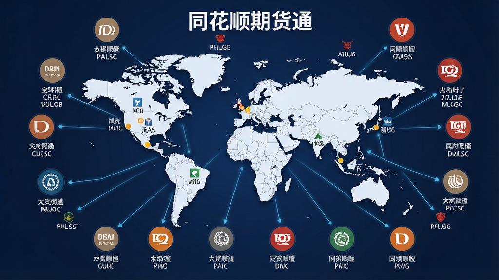 一张展示同花顺期货通全球行情覆盖的图片,主体为世界地图上标注各大期货交易所位置,布局上地图居中,周围环绕各交易所代表性品种图标,排版以地图为核心向外辐射,风格为商务信息图风,细节包括交易所名称、品种代码、连接线条,画质高清干净无多余元素,画面中可见文字“同花顺期货通”