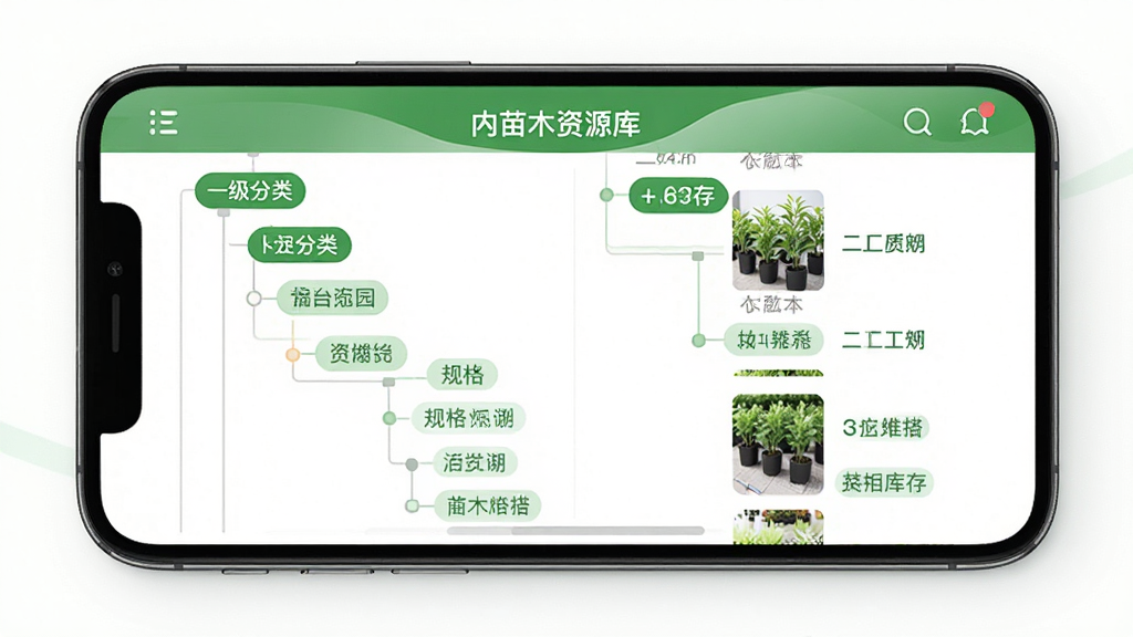 花园购应用内苗木资源库界面,主体为手机屏幕展示商品分类树状图,布局为左侧一级分类右侧二级分类,排版清晰,风格为清新绿色调电商应用界面,细节包含苗木缩略图、规格参数标签与库存数量角标,画质高清,画面干净,无多余元素