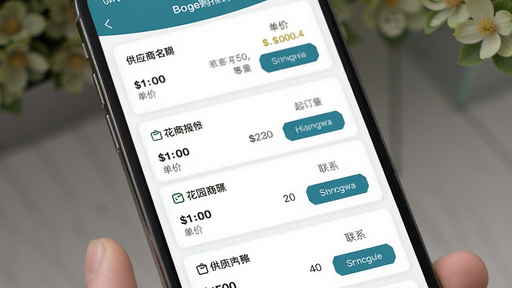 花园购报价对比界面,主体为手机屏幕显示多家供应商报价列表,布局为纵向排列的卡片式设计,排版整齐,风格为简约商务风移动应用,细节包含供应商名称、单价、起订量与联系按钮,画质清晰,画面干净,无多余元素