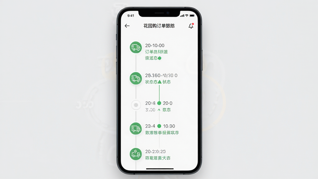 花园购订单跟踪页面,主体为手机屏幕展示订单状态时间轴,布局为纵向步骤条形式,排版直观,风格为现代简洁移动端界面,细节包含物流节点图标、时间戳与状态文字,画质清晰,画面干净,无多余元素