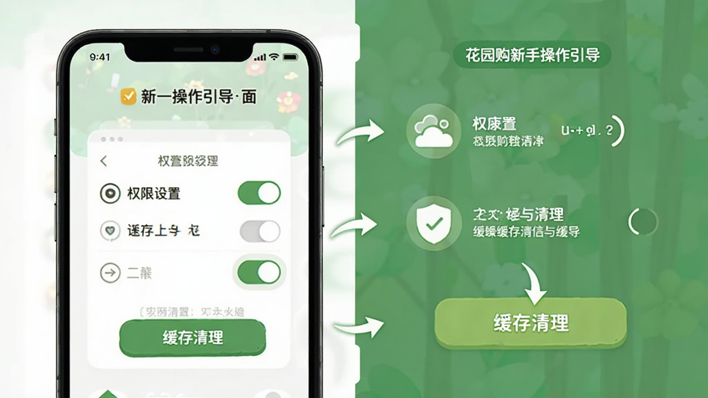 花园购新手操作引导界面,主体为手机屏幕显示权限设置与缓存清理步骤,布局为图文结合的分步说明,排版清晰,风格为友好教学型移动端界面,细节包含权限开关图标、缓存清理按钮与箭头指引,画质清晰,画面干净,无多余元素
