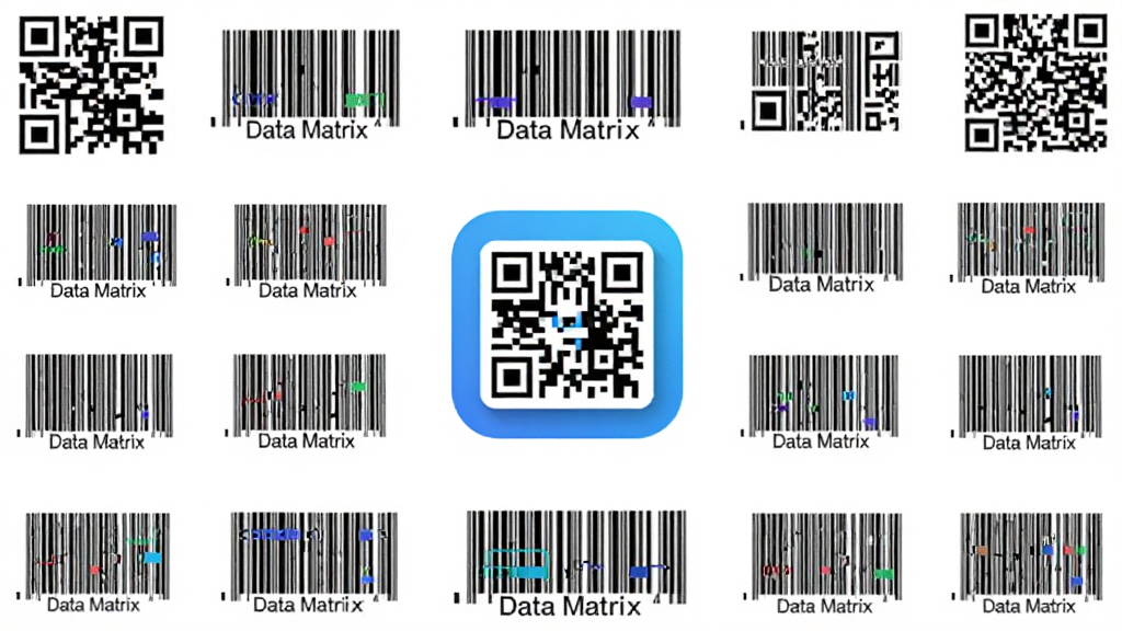 一张展示多种条码格式排列的示意图,包括QR二维码、条形码、Data Matrix码等,画面中央是快扫码二维码软件图标,周围环绕各类码制,风格扁平化设计,布局整齐,细节清晰,画质高清,背景为纯白色