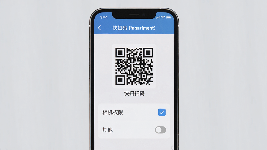 一部手机屏幕显示快扫码二维码的权限管理界面,仅相机权限被勾选,其他权限均为关闭状态,画面风格严谨专业,布局对称,细节清晰,画质干净,背景为浅灰色