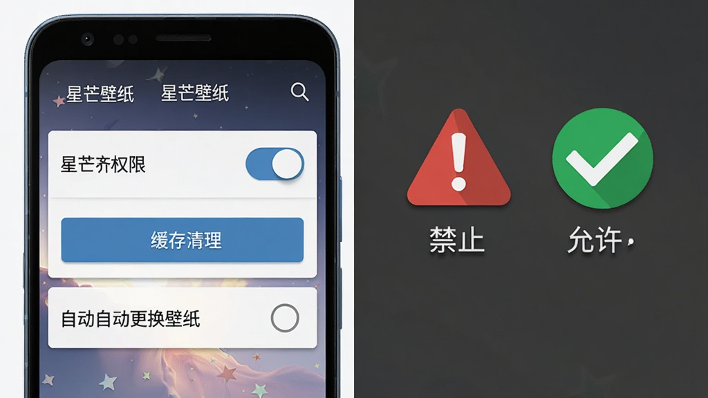 一部安卓手机展示星芒壁纸应用的设置界面,界面中包含权限开关、缓存清理按钮、自动更换壁纸选项,手机旁边有一个红色警告图标和绿色对勾图标分别代表禁止与允许操作,整体布局为左右对比式,风格为扁平化信息图,细节包括清晰的文字标签和图标阴影,画质高清,干净无多余元素,画面中出现的文字为“星芒壁纸”。