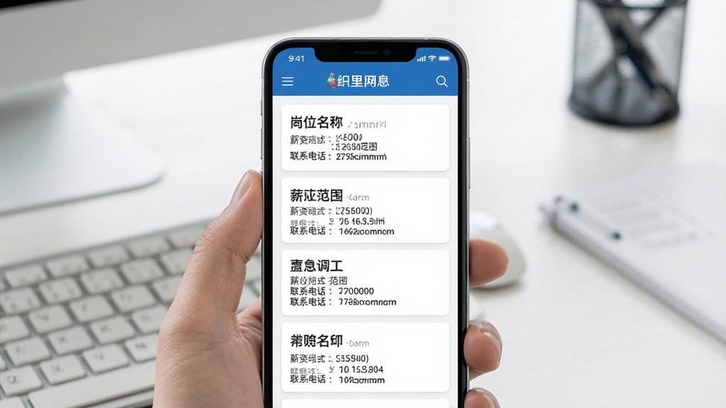 一张展示织里网招聘信息列表的手机界面写实图,手机屏幕内显示多条招工卡片,每条卡片包含岗位名称、薪资范围、联系电话等文字信息,界面以白色和蓝色为主色调,背景为简洁的办公桌面,主体清晰,布局规整,排版有序,现代简约风格,细节丰富,画质清晰,干净无多余元素