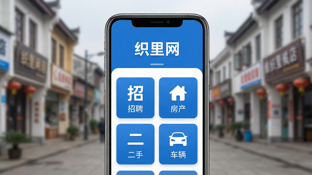 一张手机屏幕展示织里网App首页的写实风格图片,画面中央是手机正面竖屏,屏幕内显示蓝色调的信息分类界面,顶部有织里网文字标识,下方排列招聘、房产、二手、车辆等图标按钮,背景是织里镇街景虚化处理,主体突出,布局居中,排版清晰,现代科技风格,细节精致,画质高清,干净无多余元素