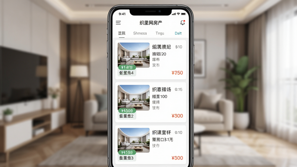 织里网房产信息页面手机展示图,屏幕内呈现租房列表,每套房源配有缩略图和价格标签,界面采用浅色背景,卡片式布局,背景是客厅环境虚化,主体明确,排版整齐,风格清新,细节到位,画质高清,干净无杂乱元素