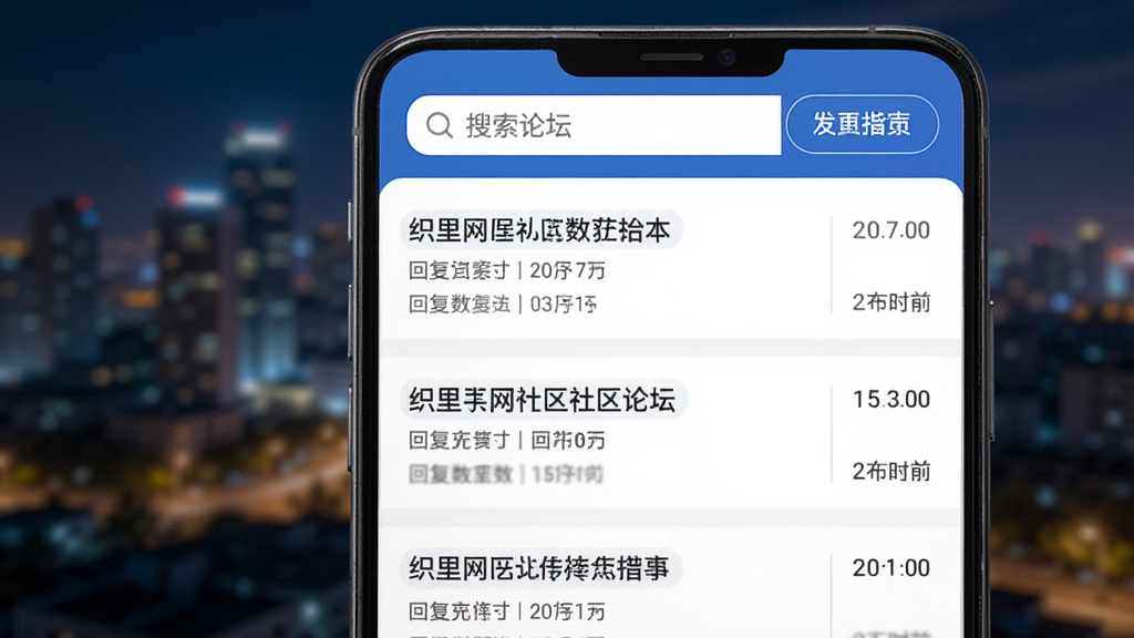 织里网社区论坛手机页面展示图,屏幕内显示帖子列表,包含标题、回复数和发布时间,顶部有搜索框和发帖按钮,界面以蓝色和白色为主,背景是城市夜景虚化,主体清晰,布局层次分明,排版舒适,风格现代,细节精致,画质高清,干净无杂乱元素