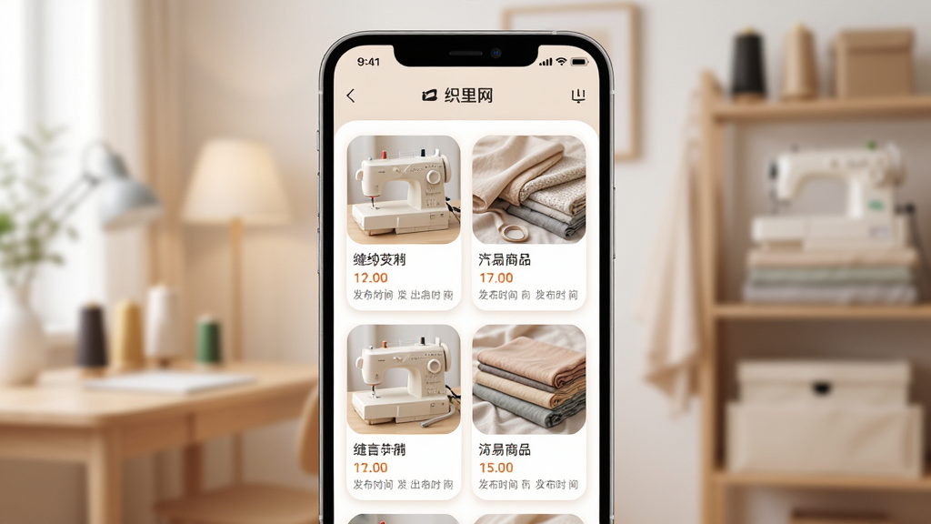 织里网二手交易板块手机界面图,屏幕显示缝纫机和布料商品的图文列表,每件商品有图片、名称、价格和发布时间,界面配色柔和,卡片圆角设计,背景为简洁的室内场景虚化,主体突出,布局合理,排版清晰,风格温馨,细节细腻,画质优良,干净无多余装饰