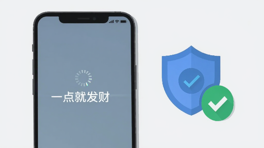 一部手机屏幕显示“一点就发财”的加载界面,旁边有盾牌和勾选图标象征安全安装,背景为浅灰色,画面简洁,风格扁平化,高清画质,无多余装饰