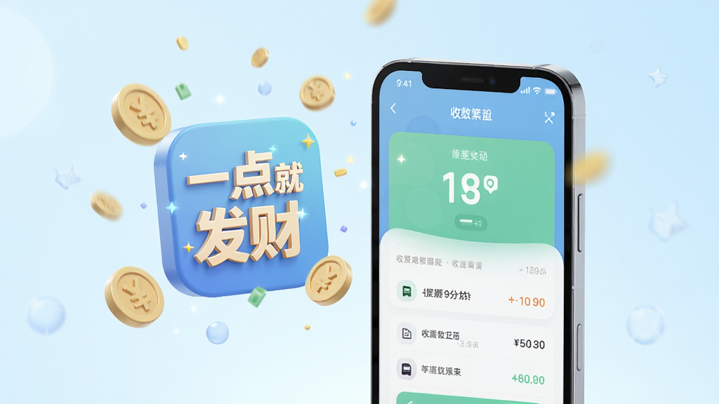 一幅横向构图,展示一部智能手机旁边漂浮着“一点就发财”的图标和金币元素,背景是柔和的浅蓝色,手机屏幕显示收益累积界面,整体风格清新简约,画质高清,干净无杂物