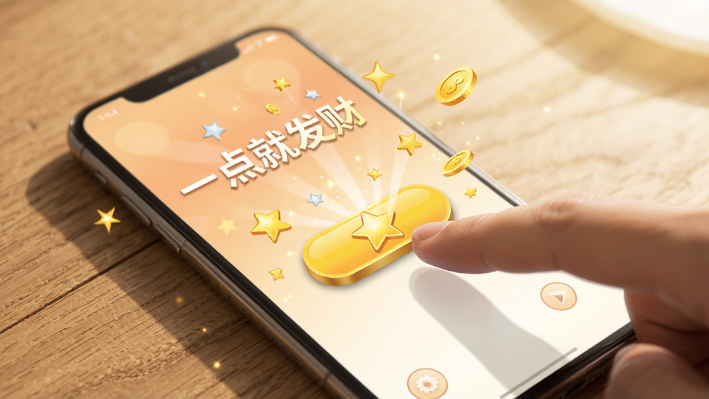 一部手机放置在木纹桌面上,屏幕显示“一点就发财”的点击界面,手指正触碰屏幕中央的金色按钮,按钮周围有星星和金币飞溅的动画效果,画面风格温馨明亮,细节清晰,画质细腻,无杂乱背景