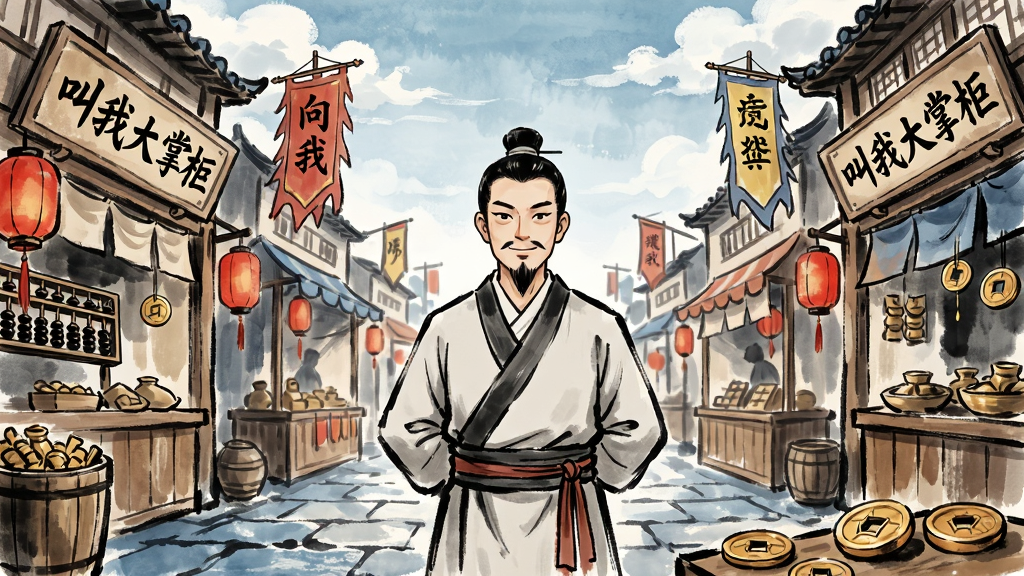 一幅古风经营主题的插画,主体是一位身穿传统服饰的掌柜站在热闹的古代街道中央,两侧是鳞次栉比的商铺,招牌上写着“叫我大掌柜”,画面布局采用中心对称构图,上方是蓝天白云,下方是青石板路,风格为中国风水墨淡彩,细节包括红灯笼、幌子、算盘、铜钱等元素,画质清晰,画面干净,无多余杂乱元素