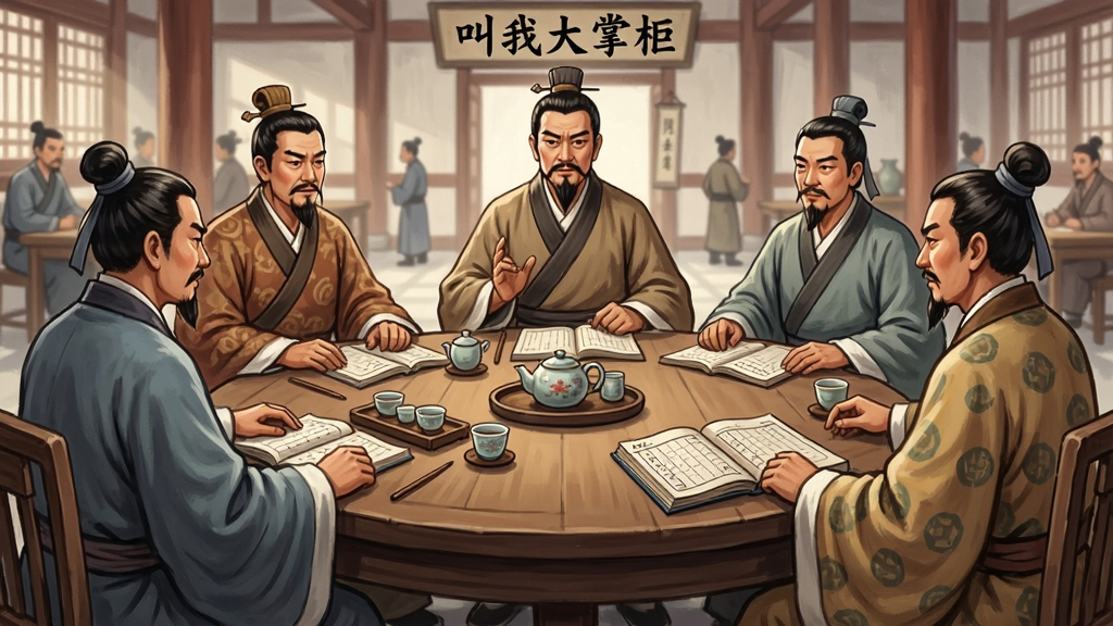 一幅描绘“叫我大掌柜”社交玩法的插画,主体是一群古装商人围坐在圆桌旁议事,桌上摆放着茶具和账本,背景是商会大厅,画面布局为圆桌居中,人物环绕,风格为古风写实,细节包括人物表情、服饰纹理、桌上物品,画质清晰,画面干净,无多余杂乱元素