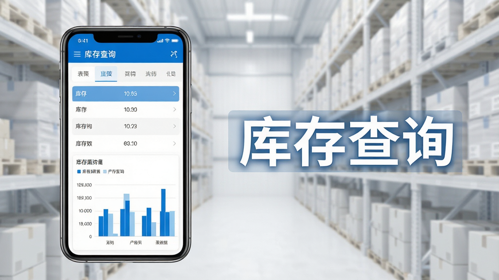 一张表现中策业务通库存查询功能的图片,画面为手机屏幕显示库存列表与数据条形图,背景为浅灰色仓库货架虚化。采用简约商务风格,颜色以蓝白为主,画质干净,图片中文字标注“库存查询”。