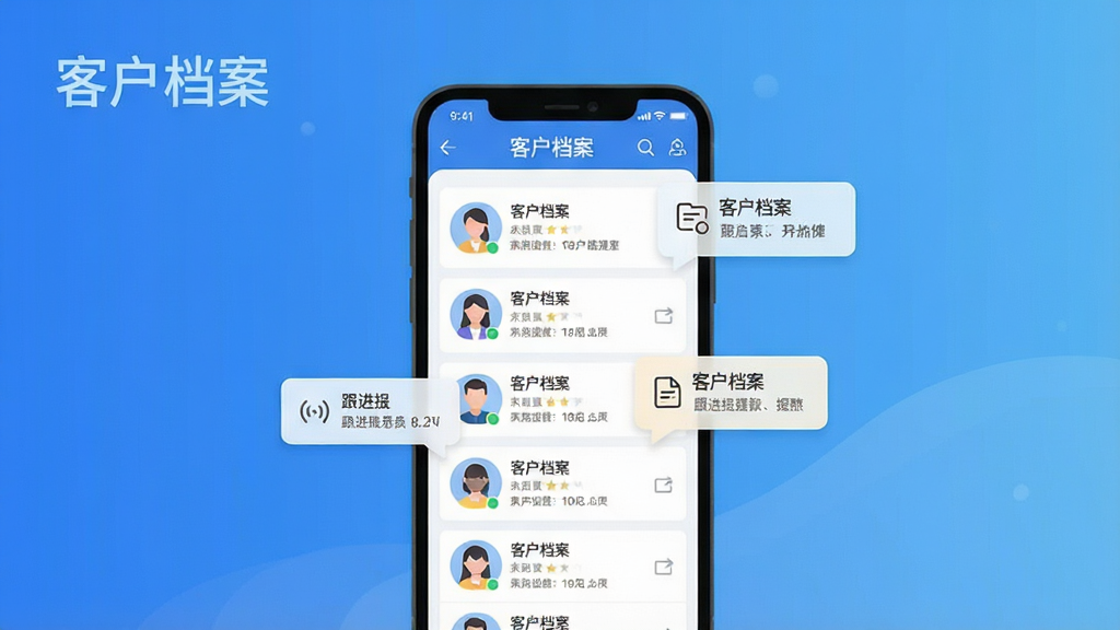 一张展示中策业务通客户管理界面的图片,画面中央为手机屏幕,显示客户列表与跟进提醒气泡,背景为简洁的蓝色渐变。采用扁平化插画风格,布局清晰,细节干净,图片中文字标注“客户档案”。