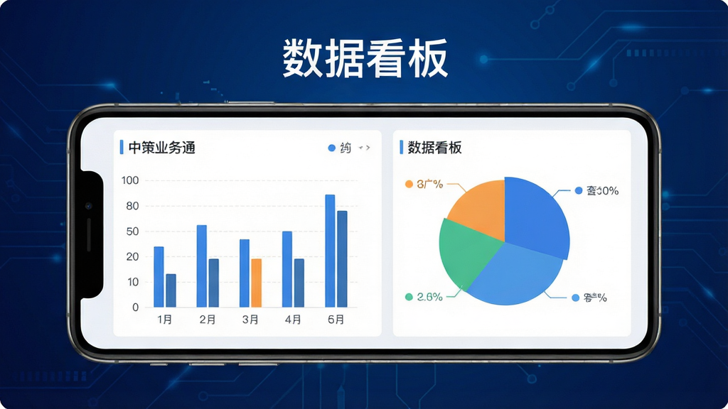 一张展示中策业务通数据看板界面的图片,画面中央为手机屏幕,显示柱状图与饼图,背景为深蓝色科技感渐变。采用现代扁平风格,细节清晰,画质干净,图片中文字标注“数据看板”。
