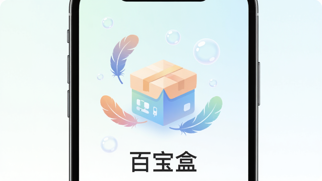 一部智能手机屏幕中显示一个轻巧的盒子图标,盒子周围环绕着羽毛和气泡,象征轻量无负担,布局以手机为中心,排版简洁,风格为清新扁平插画,细节处加入柔和渐变,画质高清,干净,无多余元素,画面中文字标注“百宝盒”。