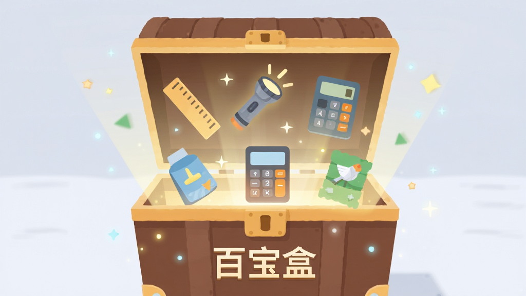 画面中央展示一个打开的虚拟宝盒,盒内散发出柔和光芒,光芒中浮现出各类生活工具图标如尺子、手电筒、计算器等,整体布局居中对称,排版简洁明了,风格采用扁平化插画,细节处加入微光粒子效果,画质高清,干净,无多余元素,画面中文字标注“百宝盒”。