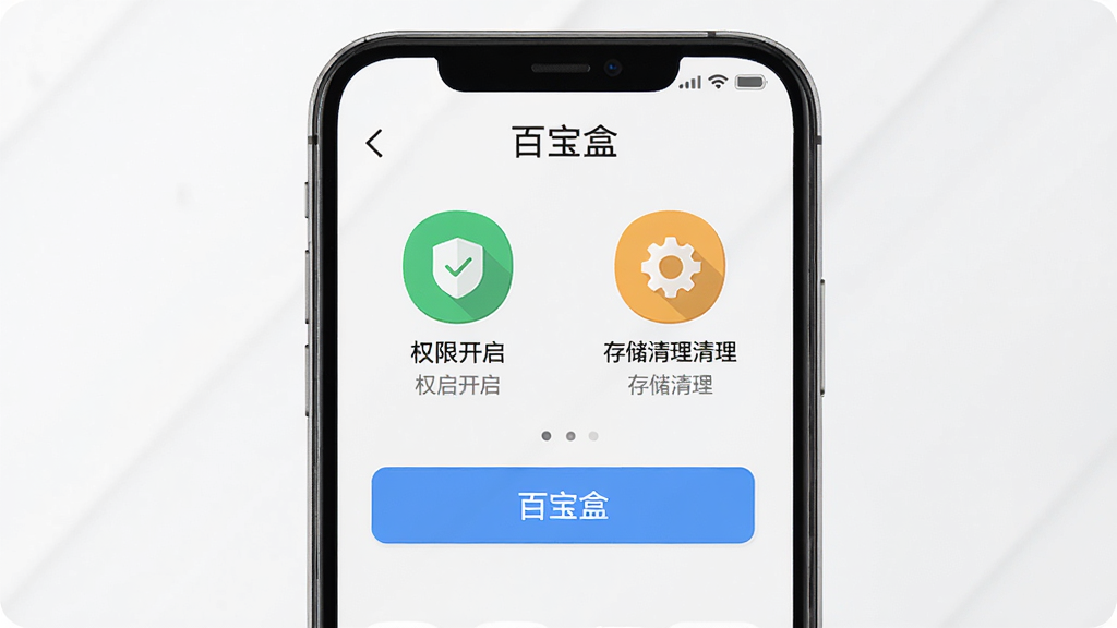 一部手机屏幕显示百宝盒的新手引导界面,界面中标注了权限开启和存储清理的提示图标,布局以手机为中心,排版清晰,风格为扁平化UI设计,细节处体现按钮与文字说明,画质高清,干净,无多余元素,画面中文字标注“百宝盒”。