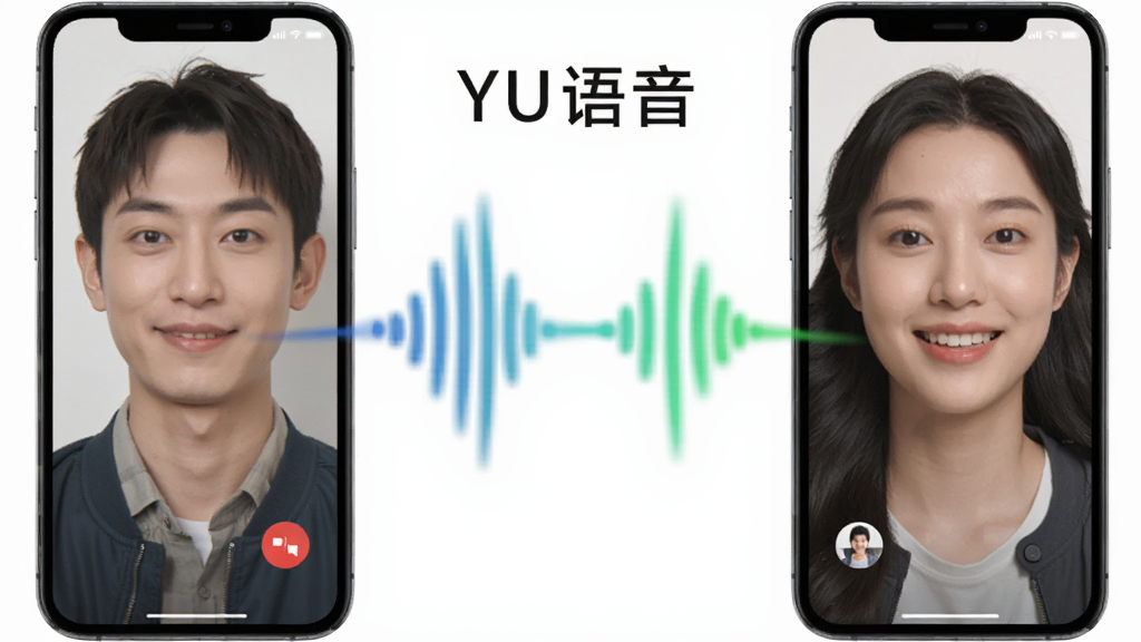 画面展示YU语音的高清语音通话功能,两位用户分别位于画面左右两侧,通过手机进行语音对话,中间用声波线条连接,声波线条呈现蓝绿色渐变,背景为白色简洁风格,画面中有