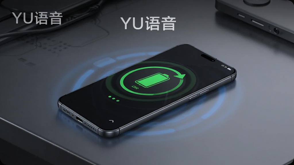 画面展示YU语音低功耗后台运行的特性,一部手机放置在桌面上,屏幕显示电池图标和绿色节能标识,手机周围有微弱的蓝色光晕代表后台运行,背景为深灰色科技风格,画面中有