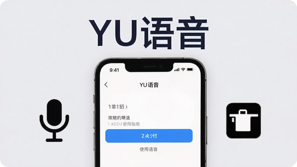 画面展示YU语音使用指南场景,一部手机屏幕显示权限设置界面,旁边有麦克风图标和存储图标,手机上方漂浮着