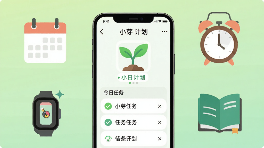 画面中央放置一部智能手机,屏幕显示小芽计划应用主界面,界面中有绿色嫩芽图标和今日任务列表,手机周围环绕着日历、闹钟、运动手环、书本等代表习惯养成的简约图标,背景为浅绿色渐变,整体风格清新扁平化,细节清晰,画质干净,无多余元素