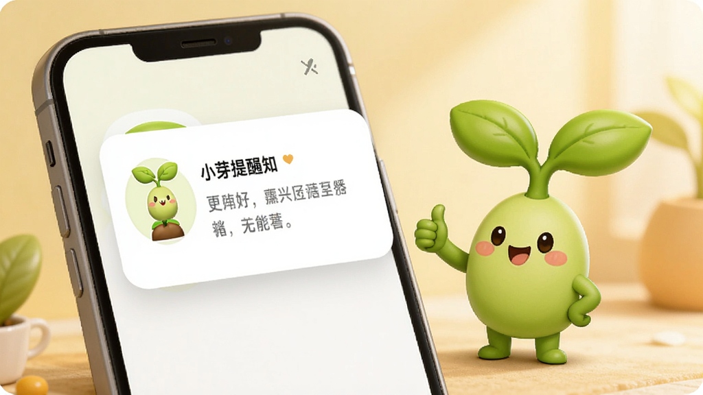 画面描绘小芽计划应用发送提醒通知的场景,手机屏幕弹出带有小芽图标和鼓励文字的卡片,旁边有一个微笑的卡通嫩芽角色竖起大拇指,背景为柔和的暖色调,风格可爱亲切,细节丰富,画质干净,无多余元素