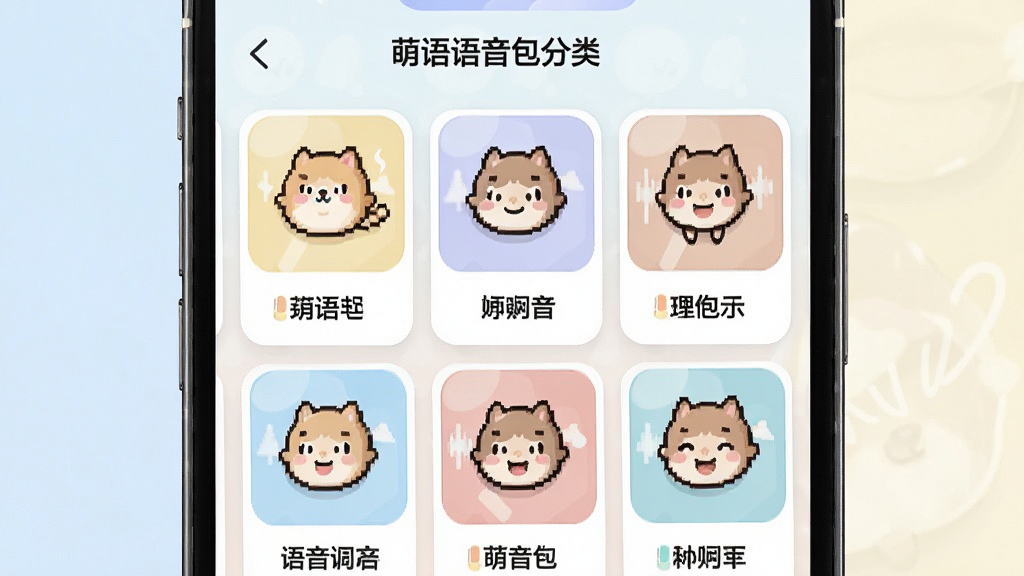 一张展示萌语语音包分类页面的预览图,画面中手机屏幕显示多个语音包封面卡片,卡片上有不同的卡通图标和文字标签,背景为柔和浅色,布局整齐,风格清新,细节清晰,画质高清,无多余元素