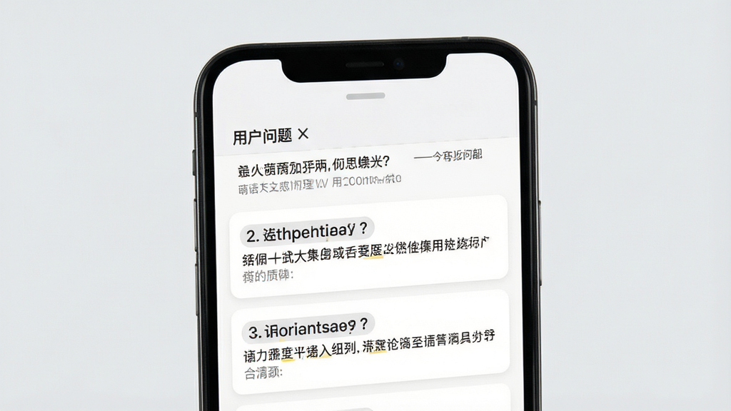 一张展示萌语用户问答界面的预览图,画面中手机屏幕显示常见问题列表,每个问题下方有简短回答,背景为浅灰色,文字清晰,布局整洁,风格简约,细节干净,画质高清,无多余元素