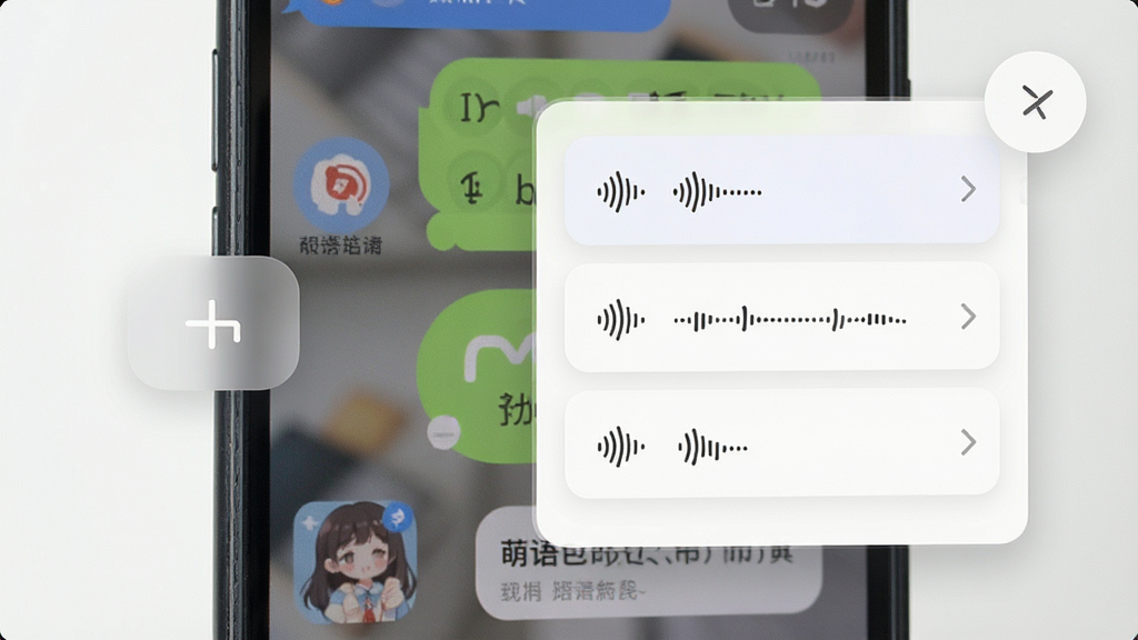 一张展示萌语悬浮窗调用功能的预览图,画面中手机屏幕显示聊天界面,屏幕边缘有一个半透明悬浮按钮,点击后弹出语音包选择面板,面板内有多个语音选项,风格简洁,细节清晰,画质高清,无多余元素
