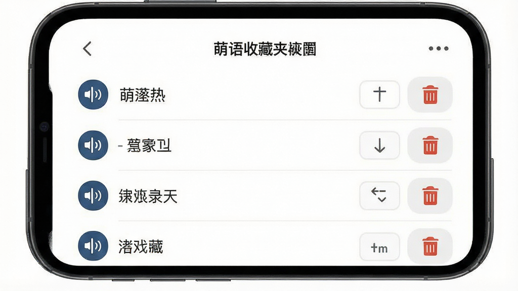 一张展示萌语收藏夹管理页面的预览图,画面中手机屏幕显示收藏列表,每个条目有语音图标和名称,右侧有排序和删除按钮,背景为白色,布局清晰,风格简约,细节干净,画质高清,无多余元素