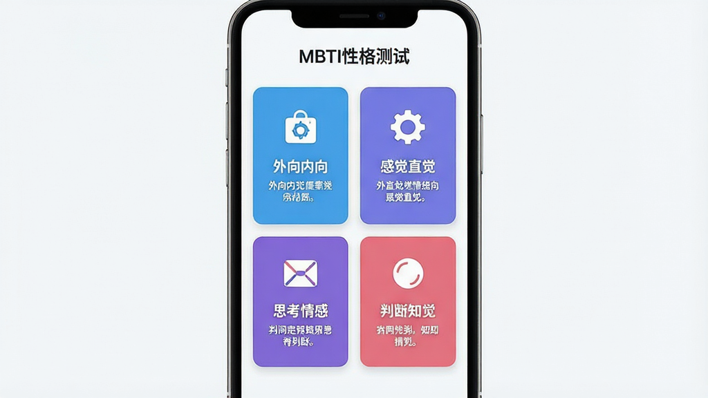 һ���ֻ�Ӧ�ý���չʾMBTI�Ը�����ĸ�ά�ȣ�����Ϊ�������е������ɫ��Ƭ�ֱ��ע�������򡢸о�ֱ����˼����С��ж�֪��������Ϊ�ֻ���Ļ����չʾ���Ű�Ϊ����Ӧ������MBTI�Ը�����·������������鿨Ƭ�����Ϊ�ִ���ƽ���������������ɫ��ϸ��Ϊ��Ƭ����ͼ������˵�����֣����ʸ���ɾ��޶���Ԫ��
