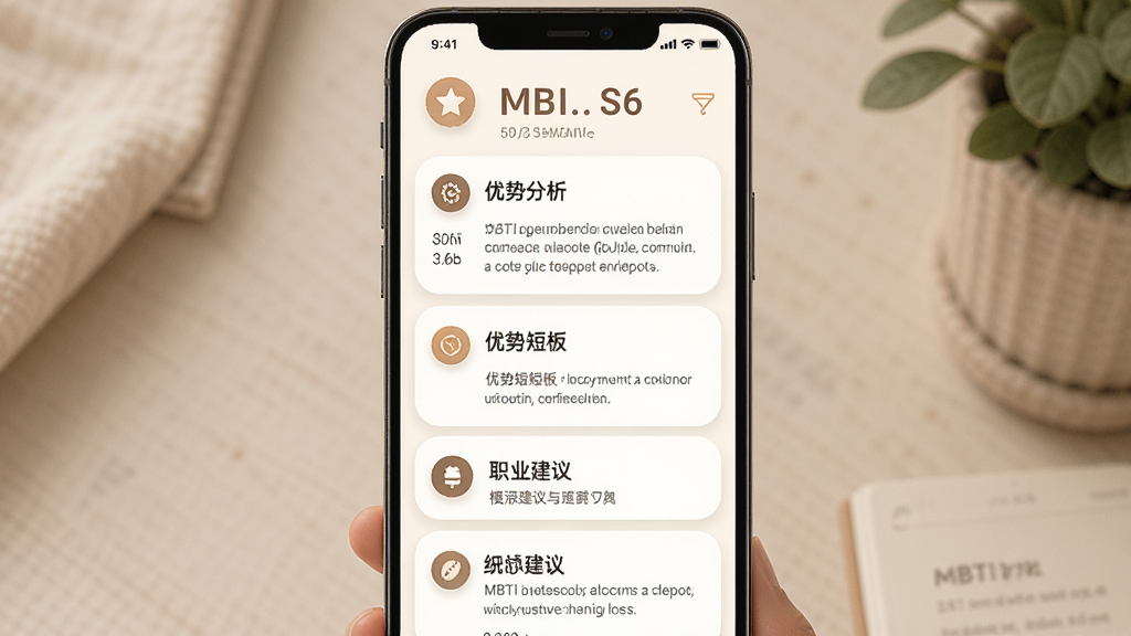 MBTI�Ը����Ӧ�����˸����ͱ���ҳ�棬����Ϊһ���������˸��������������ƶ̰�ְҵ�����ģ�飬����Ϊ�ֻ���Ļ�������չʾ�����Ϣ��Ƭ���Ű�Ϊ������ʾ�˸����ʹ����·��������и�����ģ�飬���Ϊ��ů���ʵ��Ķ��ͽ�������װ�ɫ�����������ɫ����ϸ��Ϊÿ��ģ�����б���ͼ��ͷֶ����֣����ʸ���ɾ��޶���Ԫ��
