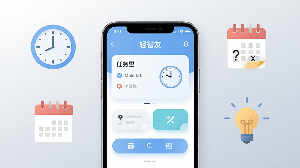 画面中央展示一部智能手机,屏幕上显示“轻智友”应用主界面,界面采用浅蓝与白色搭配,布局简洁,包含任务卡片、时钟和快捷按钮。手机周围环绕着时钟、日历、便签和灯泡等图标,背景为柔和的渐变浅灰色。整体风格为扁平化科技风,光线明亮干净,画质高清,无多余元素。