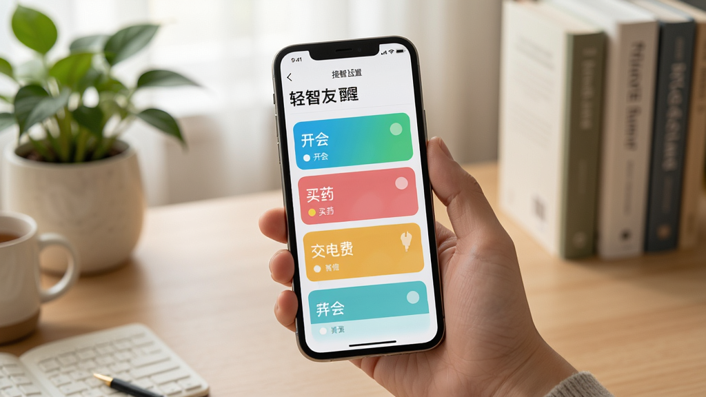 画面主体为一只手拿着手机,手机屏幕显示“轻智友”的提醒设置界面,上面有多个彩色任务卡片,卡片上写有“开会”“买药”“交电费”等字样。背景为温馨的室内环境,桌面整洁,有绿植和书本。风格为写实生活风,光线柔和,画质清晰,画面干净无杂乱元素。
