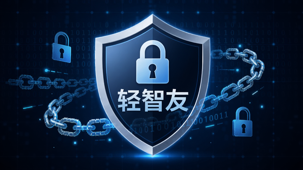画面中央是一个带有锁形图标的盾牌,盾牌内部显示“轻智友”字样,周围环绕着二进制代码和加密锁链的抽象图案。背景为深蓝色科技感网格,光线从盾牌后方射出。风格为科技安全风,画质锐利,干净简洁,无多余元素。