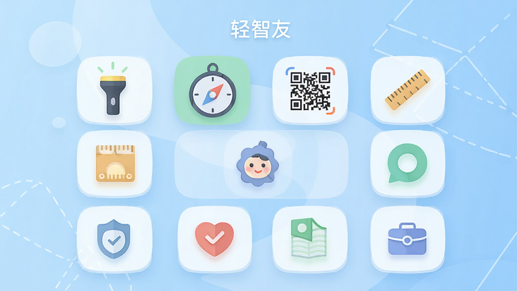 画面展示“轻智友”应用内的工具面板界面,九宫格排列着多种工具图标,包括手电筒、指南针、二维码、尺子等。图标设计圆润简约,配色清新。背景为浅蓝色渐变,有轻微的几何线条装饰。风格为现代扁平化,画质高清,干净无多余元素。